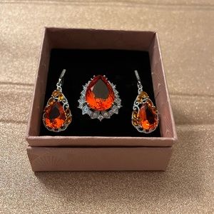 Set:Silver Orange Spessartine Garnet Earrings & Ring